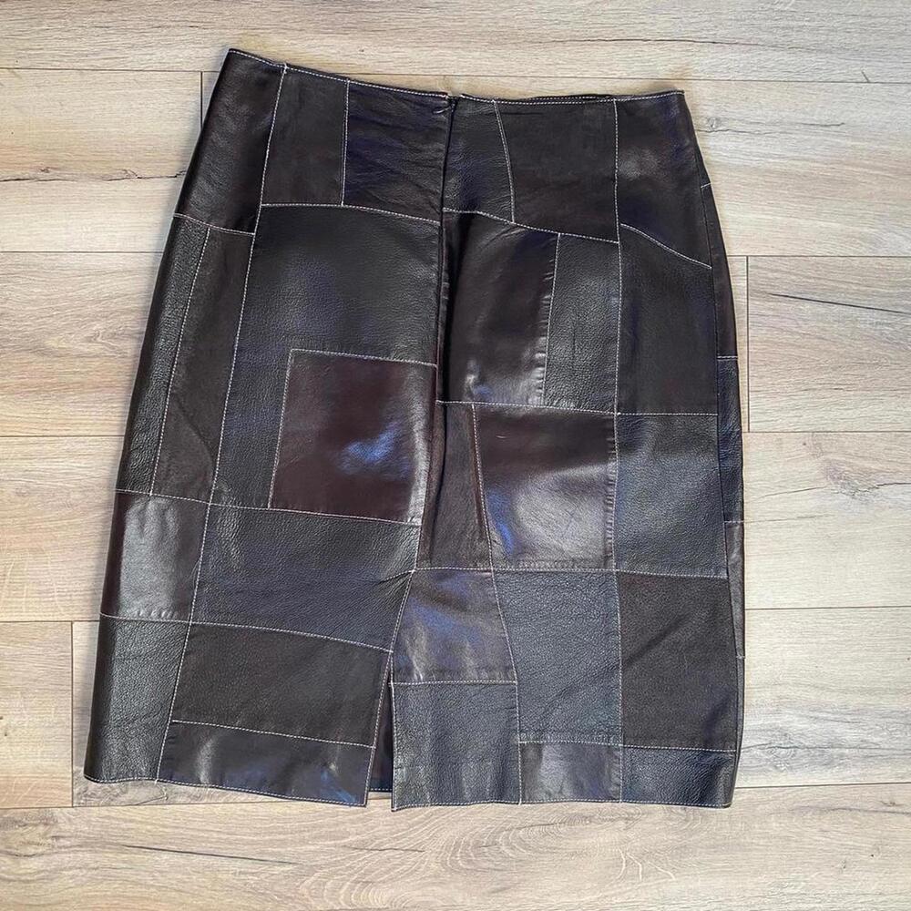 Atelier Brown Genuine Leather Patchwork Midi Skirt - image 2